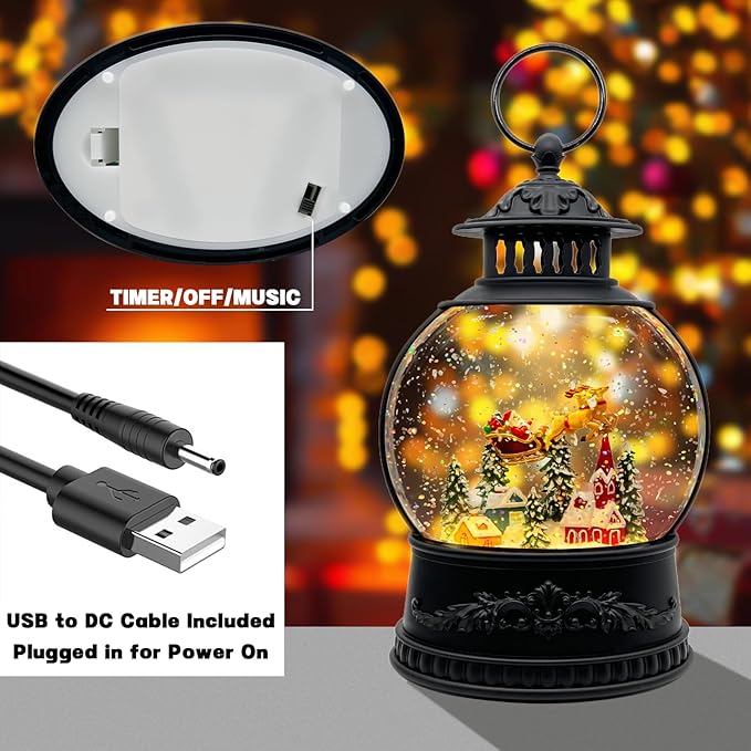 Christmas Snow Globe Lantern with Music & Timer - USB/Battery Operated LED Glittering Globe, Snow Globe Decor for Home Holiday (Reindeer)
