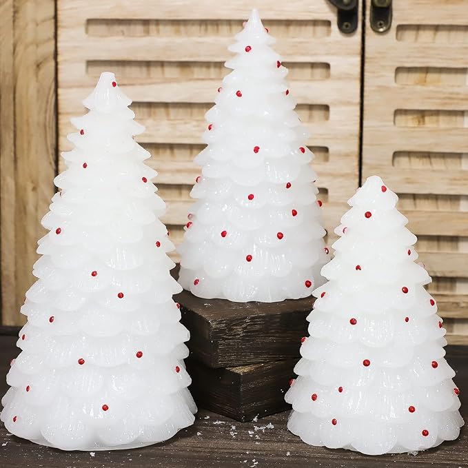 White Christmas Trees Figurine with Light Battery Operated with Remote Lighted Christmas Tree Tabletop Decor Real Wax White Small Xmas Tree with Red Berry Christmas Decoration for Home Party Gifts