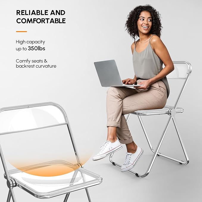 VINGLI Acrylic Folding Chairs 4 Pack, Clear Chair Foldable and Stackable, Transparent