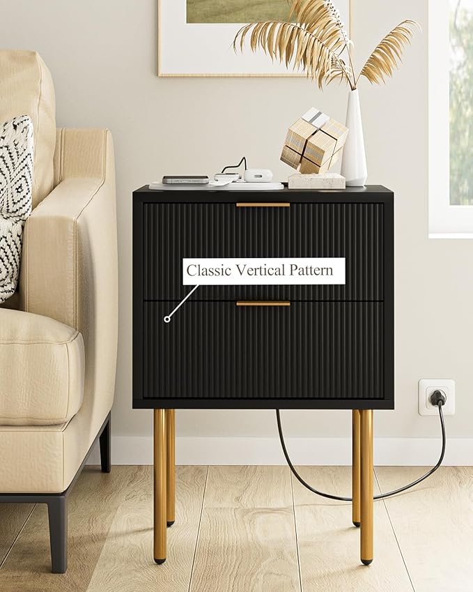 Masupu Nightstand with Charging Station,Mid-Century Modern Bedside Table with 2 Storage Drawer,Small Gold Frame Side End Table for Bedroom,Living Room (Black)
