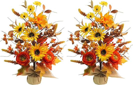 2 Pack Fall Table Decor, 19.6" Artificial Tabletop Fall Tree with Maple Leaves Sunflowers Fall Decorations for Indoor Outdoor Home Autumn Thanksgiving Table Centerpieces