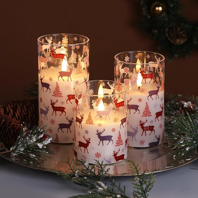Red Buffalo Plaid Reindeer Christmas Glass Flameless Candles with Remote, Flickering Snowflakes Tree Xmas Decorative LED Pillar Candles Set of 3
