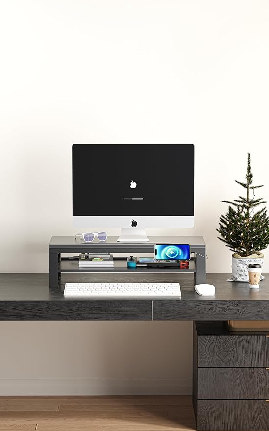 2-Tier Metal Computer Monitor Stand & Laptop Desk Shelf, 21.6 Inches, 22W Charging, 2 USB 3.0, 1 USB 2.0, Heavy Duty, Black, Metal