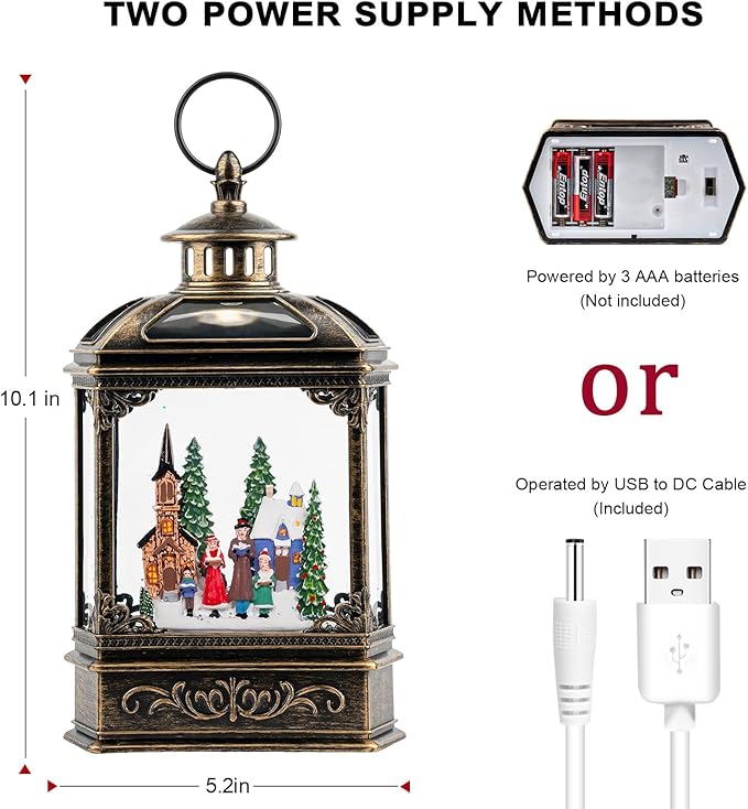 Musical Snow Globe Lantern Lighted Church Carolers Christmas Village Snow Water Lantern Swirling Glittering Home Decoration and Gift, Battery Operated or USB Powered