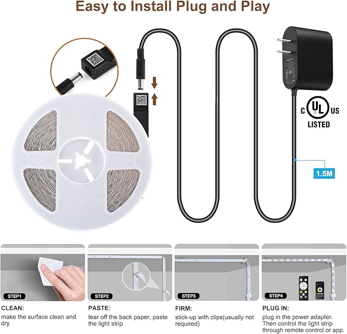 White LED Strip Lights, Dimmable Bright 24V Flexible Tape Light with Remote and App Control, UL-Listed Power Supply, 2700K-6500K White Lights for Bedroom (1 Rolls of 131ft)