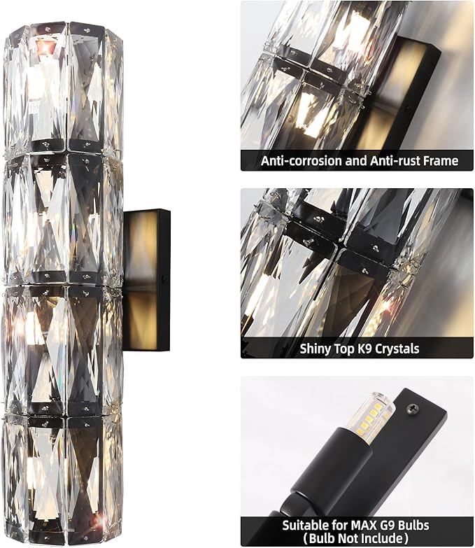 Crystal Wall Sconce,Indoor Modern Sconces Wall Lighting, Matte Black Wall Sconces for Bathroom,Bedroom,Living Room,Hallway
