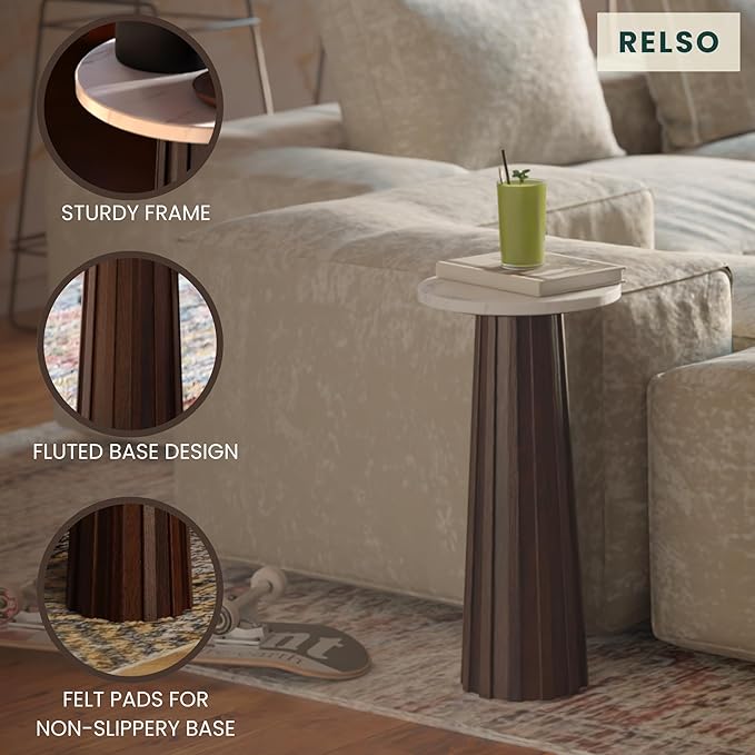 Relso Ma'gro Drink Table – Solid Mango Wood Fluted Base with Real White Marble Top | Farmhouse Accent Side Table for Boho Decor, Bedside, Entryway, Plant Stand, Night Stand & Small Living Spaces