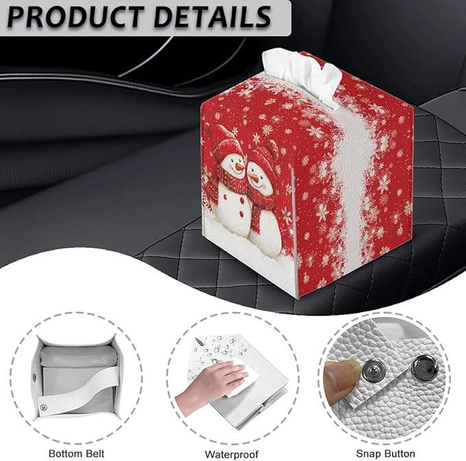 Cute Snowman Tissue Box Holder Square PU Leather Tissues Cube Box Cover Christmas Modern Decorative Facial Napkin Holder Case for Car Kitchen Bedroom Bathroom