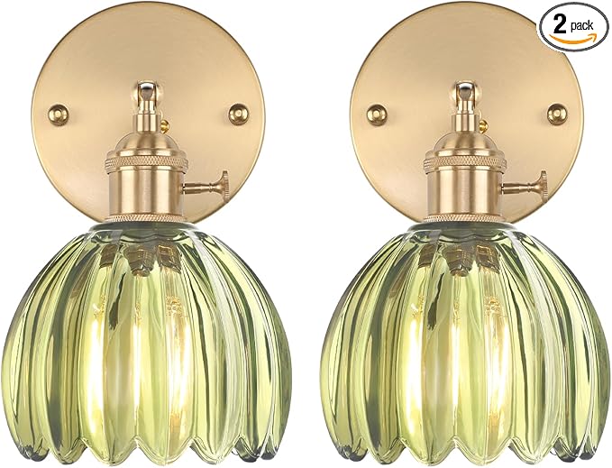 Vintage Wall Sconces Set of 2 with Cute Green Tulip Glass Lampshade 180 Degree Adjustable Brass Sconces Hradwired Modern Wall Lighting Fixture with Switch for Bedside Bedroom Doorway