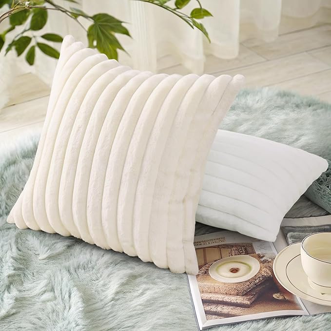 decorUhome Faux Fur Christmas Throw Pillow Covers 24x24 Set of 2, Decorative Soft Plush Striped Neutral Couch Euro Pillow Covers with Velvet Back for Sofa, Bed, Living Room Home Decor, Cream White