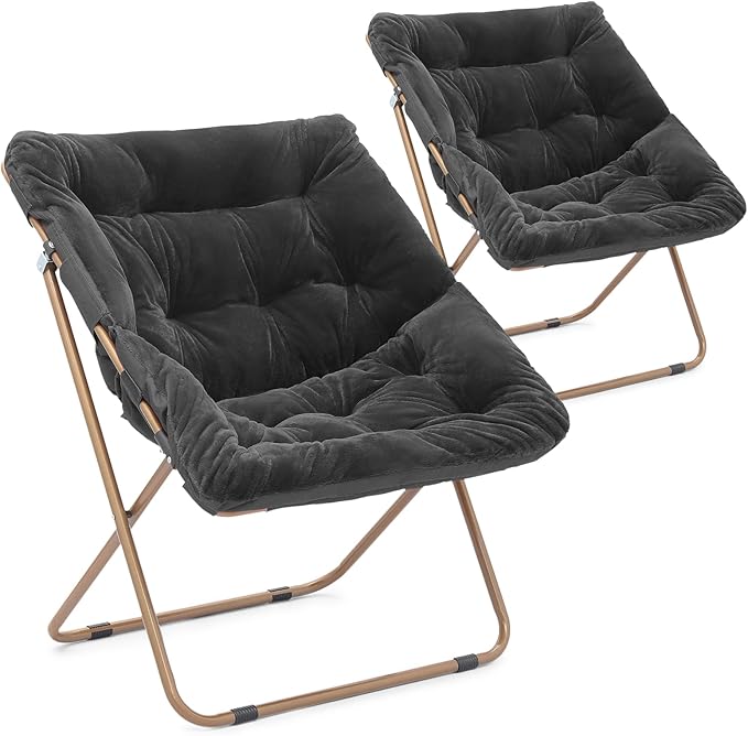 Athena Collection Saucer Chair for Adult, Square Comfy Cozy Chair Folding Chair Faux Fur Metal Frame Foldable Reading Chair Accent Chair for Bed Room Living Room Set of 2, Black