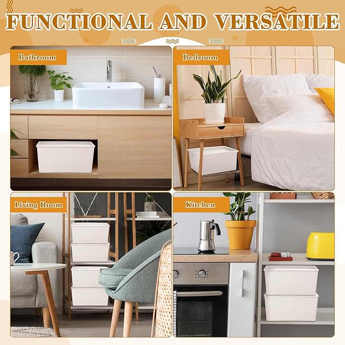 Menkxi 4 Pcs Storage Bins with Lids Plastic Containers Stackable Storage Box Baskets for Organizing Shelves(Beige, Small)