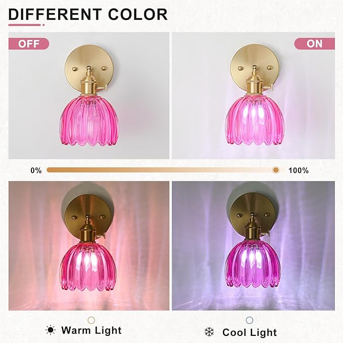 Wall Sconces Set of Two Hardwired, Vintage Sconce Light with Tulip Ruby Red Glass Lampshade, Bathroom Wall Lights with Switch, Gold Wall Light Sconces Wall Decor Set of 2