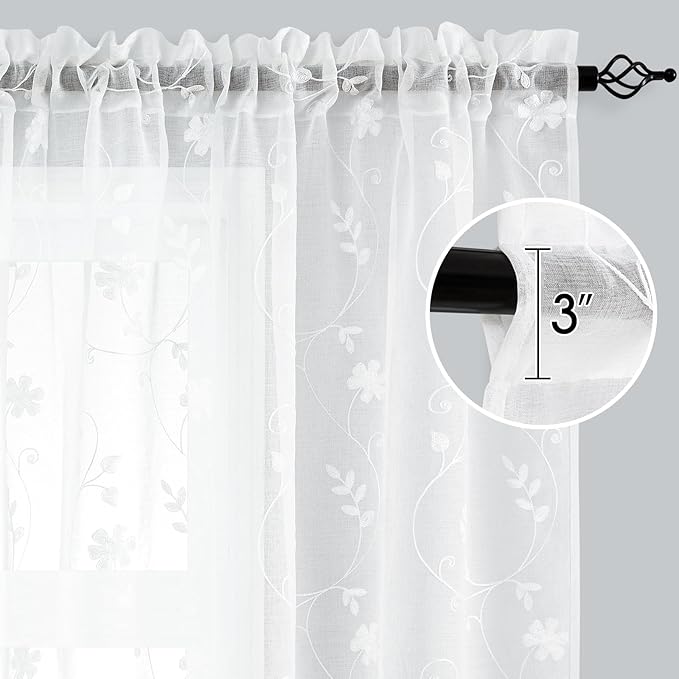 HOMEIDEAS White Sheer Curtains 96 Inches Long 2 Panels White Embroidered Floral Pattern Semi Sheer Window Curtains for Bedroom Living Room