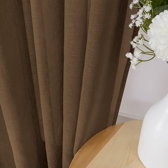 Tollpiz Short Sheer Curtain Linen Textured Living Room Curtains Sheer Light Filtering Rod Pocket Voile Curtain for Bedroom, 42 x 54 inches Long, Brown, Set of 2 Panels