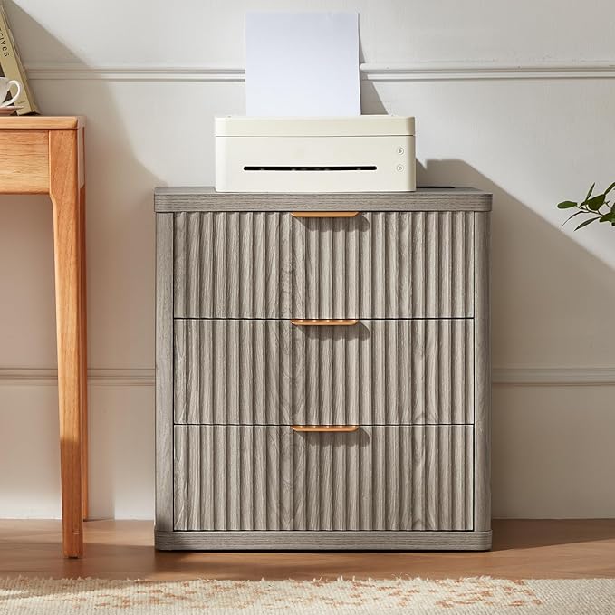 LEYAOYAO 23" Wide Fluted Night Stand with Charging Station,3 Drawers Large End Table with Storage,Grey Nightstand Wood Bedside Tables, Farmhouse Cabinet Dresser for Bedroom,Closet