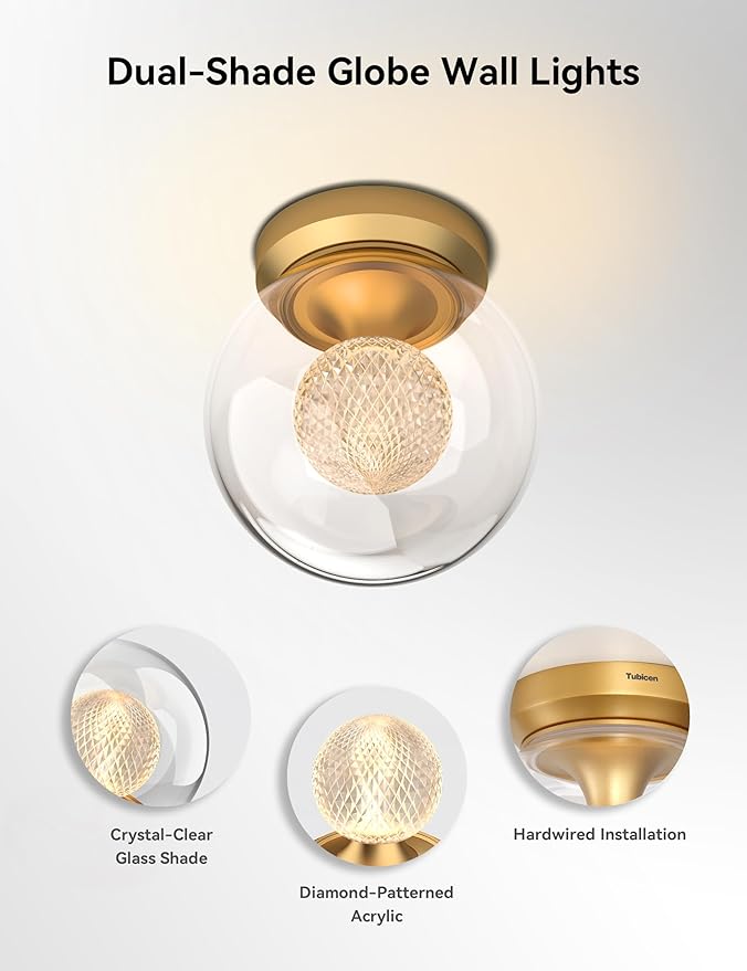 Tubicen Dual-Globe Wall Sconce Gold Dimmable Mid Century Modern Art Deco Wall Sconce 6.7in Glass Round Wall Light for Living Room Bedroom Bathroom Hardwired 3000K