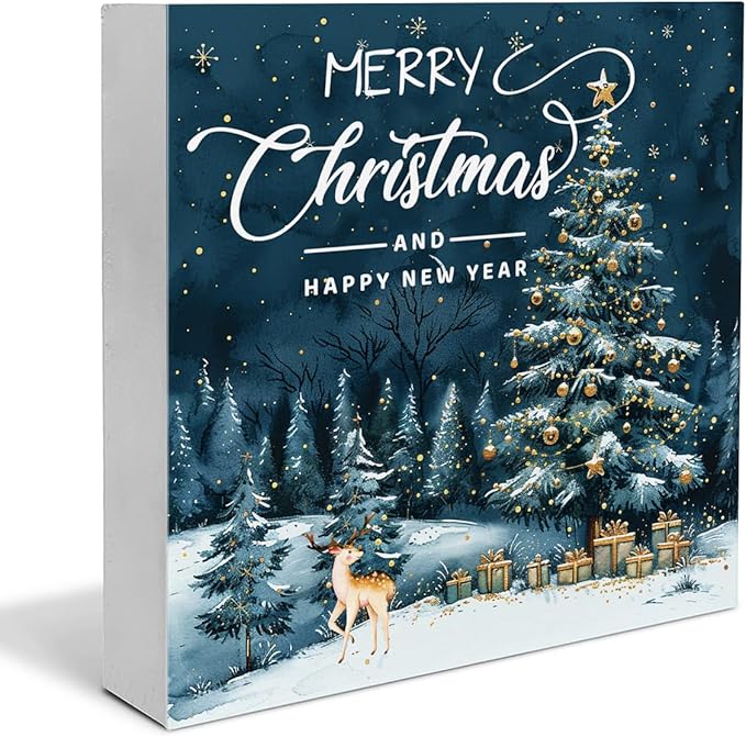 Christmas Signs, Merry Christmas Wooden Sign Deer Decor, Happy New Year Wooden Block Sign, Christmas Home Decor for Table Shelf 5 x 5 Inch