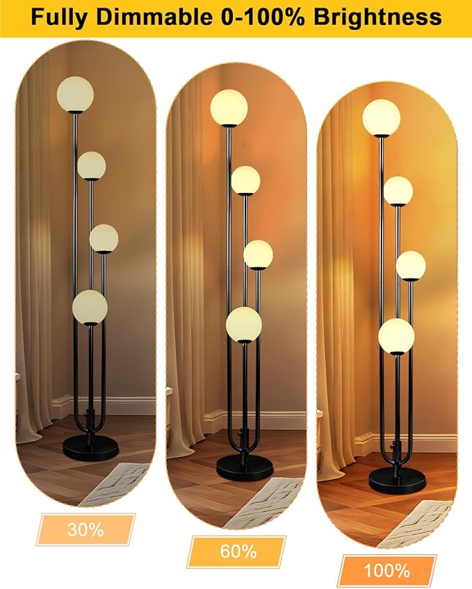 Lightdot Black Globe Floor Lamp 4-Lights Dimmable Floor Lamps with Tray 3000K Bulbs Included Unique Candle Standing Lamp for Living Room/Bedroom