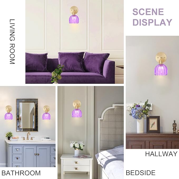 Wall Sconces Set of Two Hardwired, Vintage Sconce Light with Tulip Purple Glass Lampshade, Bathroom Wall Lights with Switch, Gold Wall Light Sconces Wall Decor Set of 2