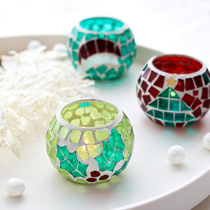 4 PCS Mosaic Glass Tealight Votive Candle Holders - Red & Green Christmas Table Centerpiece Decorations for Indoor/Outdoor Holiday Decor
