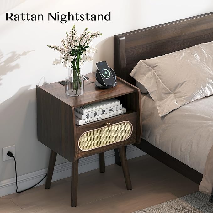 Nightstand Set of 2, Rattan Night Stands with Charging Station, Mid Century Modern Bedside Table with Drawer, Boho Dark Brown End Table with Storage, Wood Side Table for Bedroom, Dark Walnut
