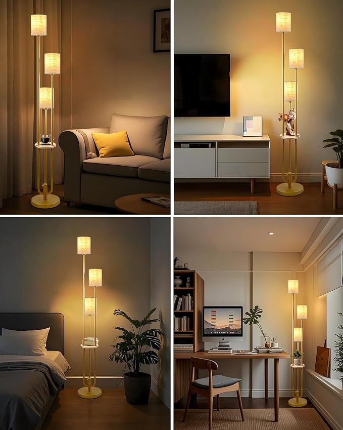 Lightdot Dimmable Floor Lamp for Living Room 3-Light Candle Holder Style Modern Floor Lamps with Table&Linen Beige Shade 3000K Warmwhite Gold Standing Lamp for Bedroom (Bulbs Included)