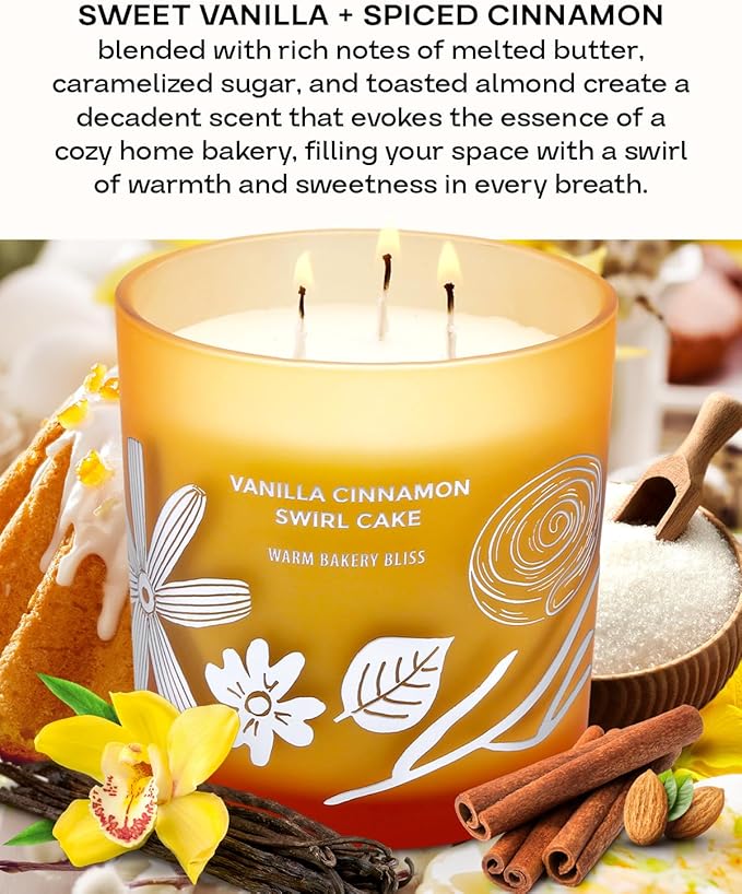 Vanilla Cinnamon Swirl Cake 3-Wick Soy Candle | Highly Scented Bakery Candle | 14.5 oz, Clean-Burn | Cozy Fall Aromatherapy Stress Relief Candles for Home | Gift for Women & Men