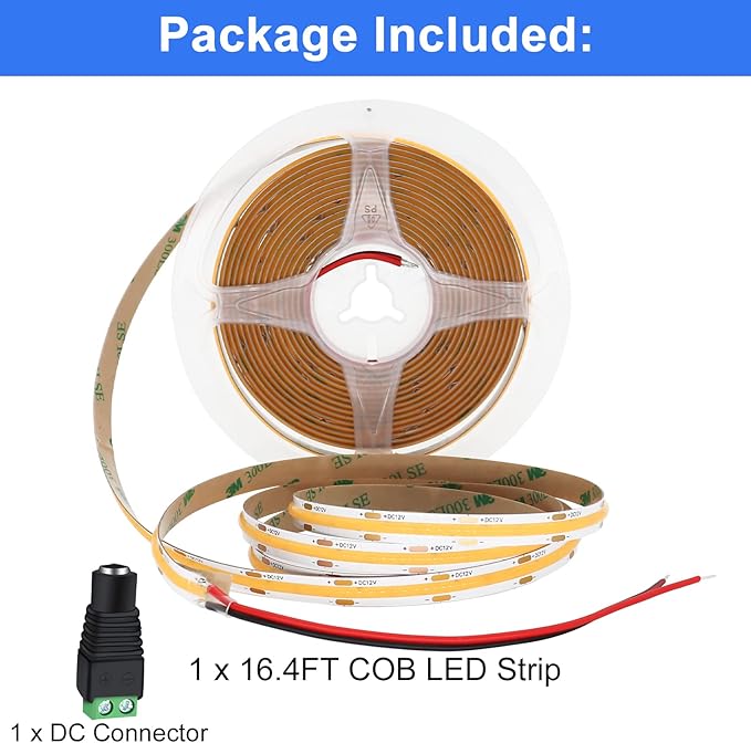 12V Red LED Strip Light COB Rope Lights, 480LEDs/m 8mm Width 16.4FT/5M CRI>90, High Bright Linear LED Tape for Bedroom Party Wedding DIY Lighting (DC12V, Without Power Supply)