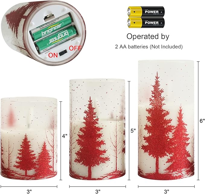 DRomance Christmas Tree Glass Flameless Candles with Remote Timer Battery Operated Real Wax 3D Wick LED Flickering Pillar Candles Christmas Holiday Decor(Red, 3 x 4,5,6 Inch)