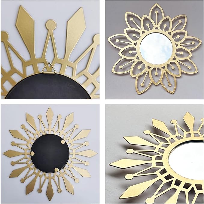 Golden Decorative Wall Mirrors Crown Shaped Wall Mirror Boho Wall Decor, for Living Room, Bedroom, Hanging Decor Mirror Set of 3