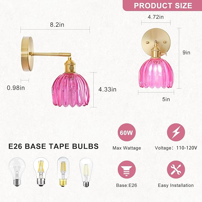 Wall Sconces Set of Two Hardwired, Vintage Sconce Light with Tulip Ruby Red Glass Lampshade, Bathroom Wall Lights with Switch, Gold Wall Light Sconces Wall Decor Set of 2
