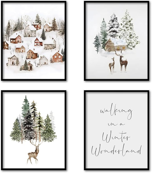 TFKFJLF Winter Scene Wall Art Poster Decor, Winter Wonderland Deer Pictures Decor Wall Art, Rustic Christmas Decorations for Bedroom Bathroom Living Room Office, Unframed 8x10in Set of 4