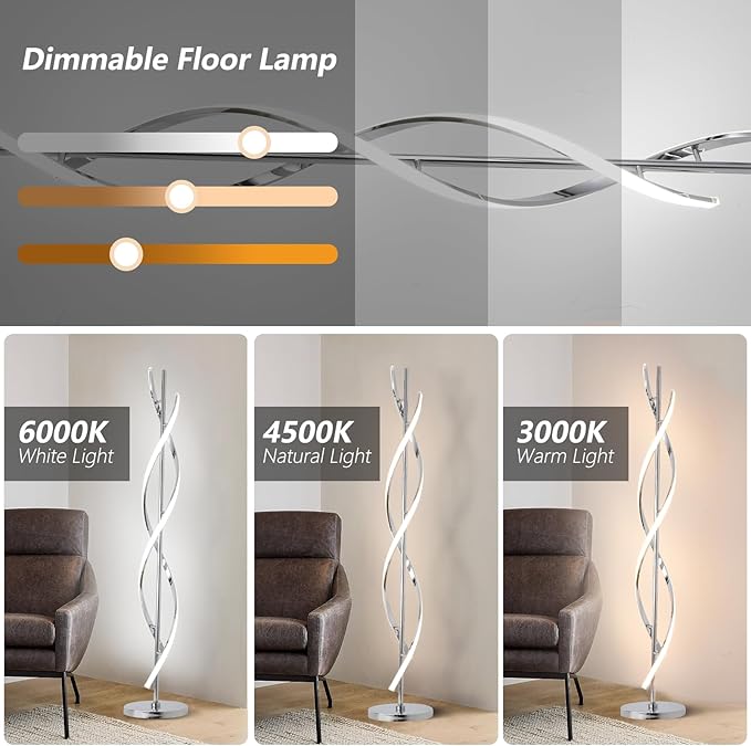 ADISUN 40W LED Modern Floor Lamp Remote Control Dimmable Spiral Floor Lamp Indoor Tall Lamp Floor Lamps for Living Rooms Family Rooms Bedrooms Offices Lighting (Silver)