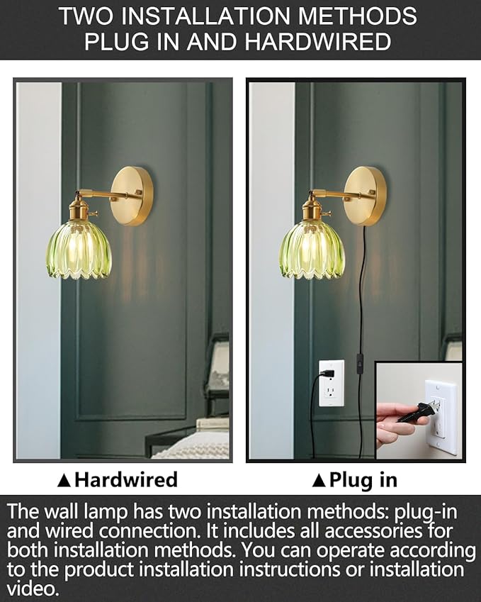 Plug in and Hardwired Wall Sconces, Luxury Vintage Tulip Crystal Glass Shade Wall Light with Switch for Bedside Bedroom Living Room (Tulip-Green, 1)
