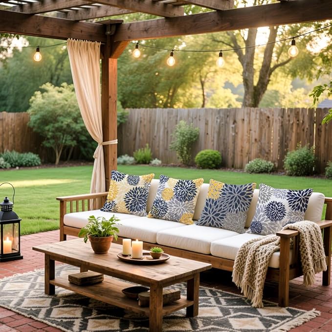 Cirzone Outdoor Pillow Covers 18x18 Set of 4 Morden Blue Flower Patterns Waterproof Throw Outdoor Pillows Boho Decorations for Funiture Patio Garden Home