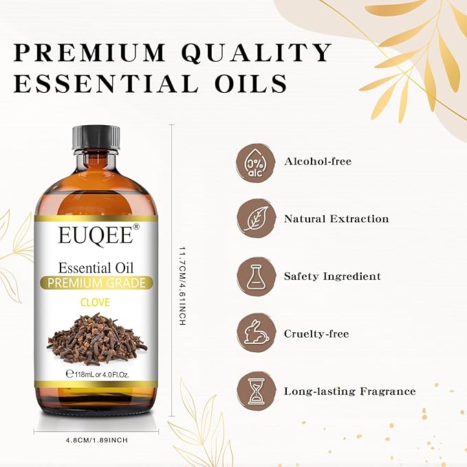 EUQEE Clove Essential Oil Large Capacity (4 oz/118 ml) Premium Clove Bud Oil - with Glass Dropper, Great for Diffusers, DIY Candle e & Soap Making