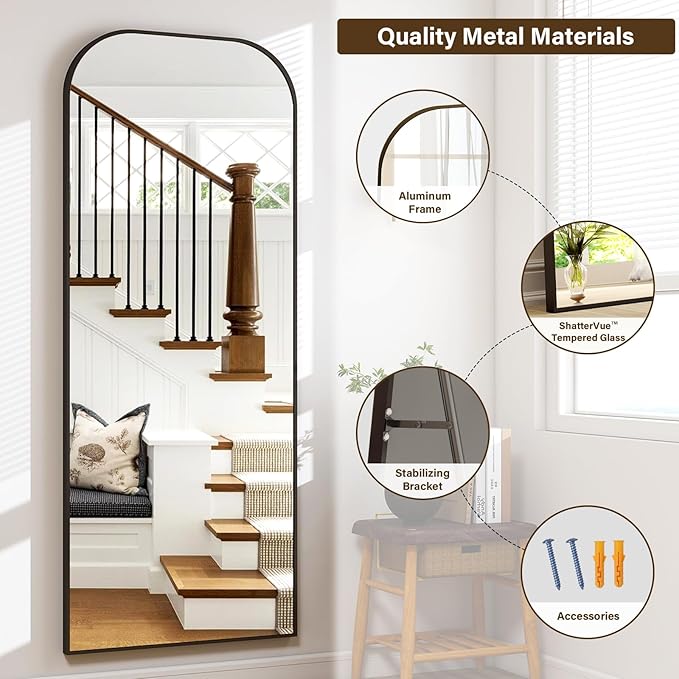 Full Length Mirror, 71"x28" Floor Mirror Freestanding, Arched Floor Standing Large Mirror Full Body Mirrors with Stand for Bedroom, Hanging Mounted Mirrors for Living Room,Black