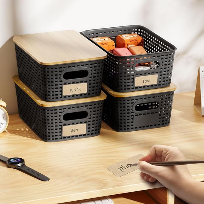 Small Storage Bins with Bamboo Lid, Plastic Storage Box with Lid, 5QT Stackable Organizing Basket with Lable, Storage Container for Classroom, Office, Closet, Shelf Organization, 10x7x4 In-Black-6 Pcs