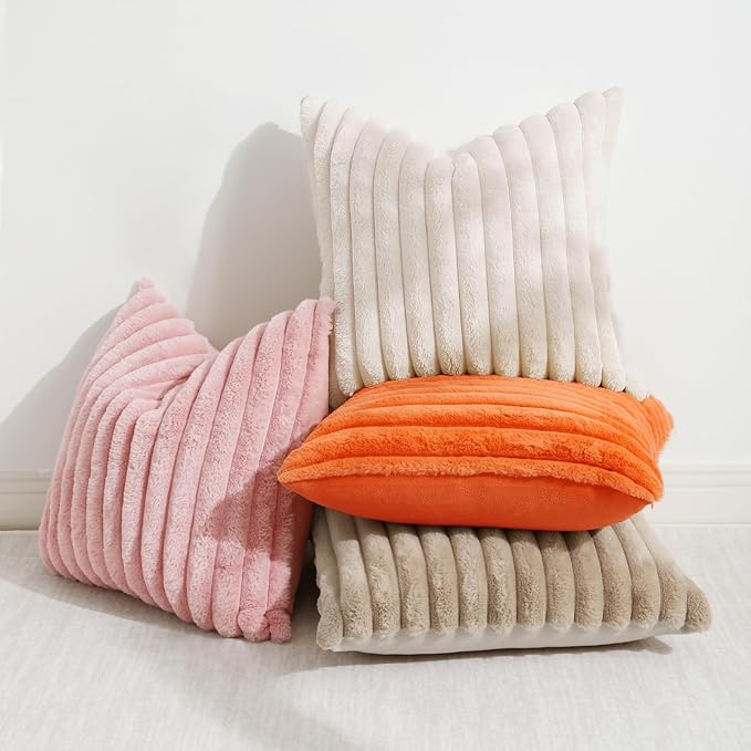 decorUhome Faux Fur Fall Throw Pillow Covers 18x18 Set of 2, Decorative Soft Plush Striped Neutral Couch Euro Pillow Covers with Velvet Back for Sofa, Bed, Living Room Home Decor, Orange