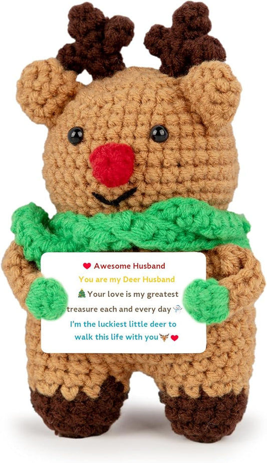 Mini Cute Deer Gifts for Husband Handmade Crochet Reindeer Present Wedding Anniversary Thanksgiving Christmas Birthday Gift for Him Man from Wife Office Home Emotional Decor Doll