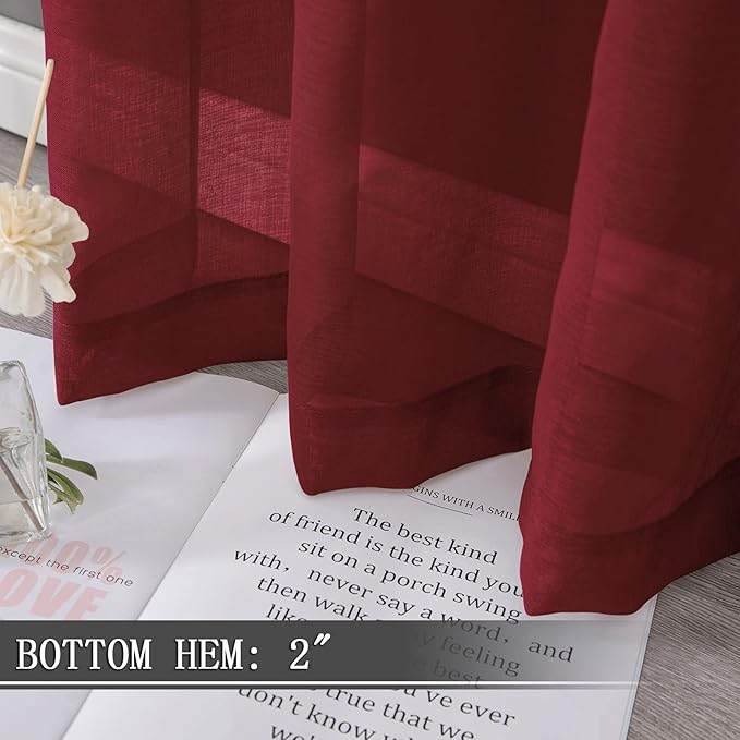 Tollpiz Sheer Curtains Linen Textured Living Room Curtain Sheers Light Filtering Rod Pocket Voile Curtains for Bedroom, 42 x 63 inches Long, Burgundy Red, Set of 2 Panels