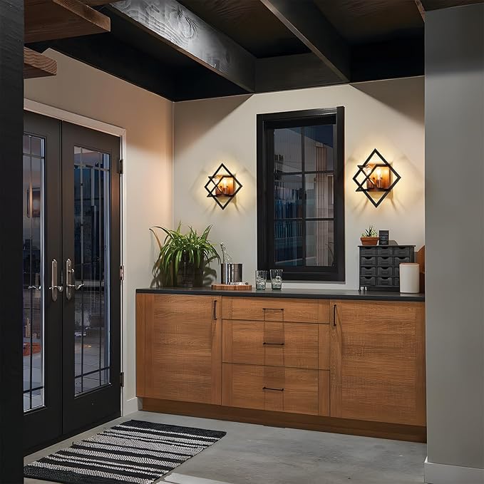 Farmhouse Wall Sconce with Black Finish & Wood Grain, Set of 2 Rustic Wall Sconces Indoor Wall Light Fixtures 17.8in for Stairway, Living Room, Bedroom, Bathroom (2 Light,E26 Base, No Bulbs)