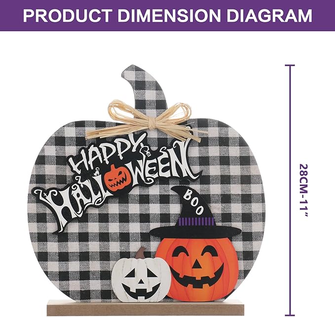 Super Holiday Halloween Pumpkin Decorations, 11"/28CM Wooden Buffalo Plaid Tabletop Decorations, for Home Farmhouse Living Room Indoor Party Decor.