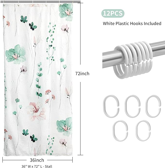 QiyI Small Stall Shower Curtain 36 x 72, Narrow Half Watercolor Floral Bath Curtain, 3D Embossed Sage Green Flower Cloth Bathroom Curtain, Waterproof Fabric White Shower Curtain Set with Hooks