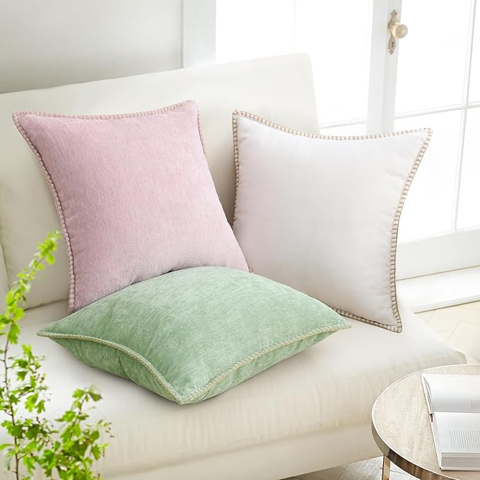 decorUhome Christmas Chenille Soft Throw Pillow Covers 22x22 Set of 2, Farmhouse Velvet Neutral Decorative Euro Pillow Covers with Stitched Edge for Couch Sofa Bed Home Decor, Sage Green
