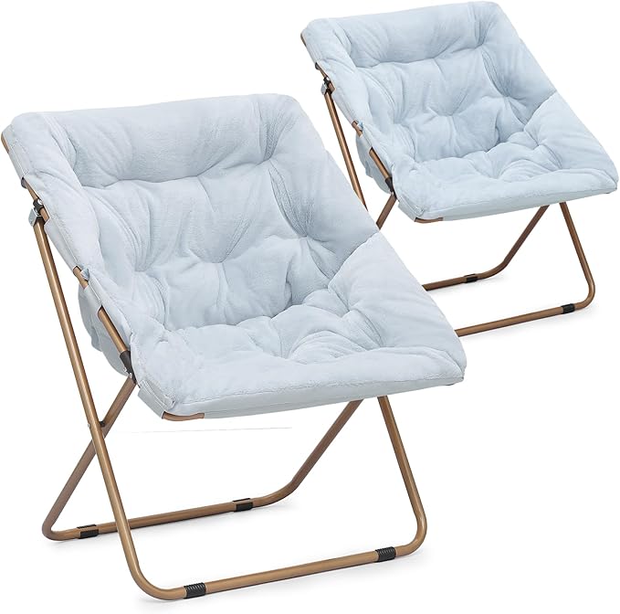 Athena Collection Saucer Chair for Adult, Square Comfy Cozy Chair Folding Chair Faux Fur Metal Frame Foldable Reading Chair Accent Chair for Bed Room Living Room Set of 2, Blue