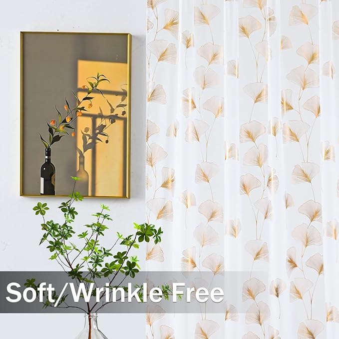 Gold Foil Print Sheer Curtains 84 inches Long, 2 Panels Ginkgo Bronzing Treatment Sheer Curtain, Rod Pocket Window Treatment Panels for Bedroom Living Room
