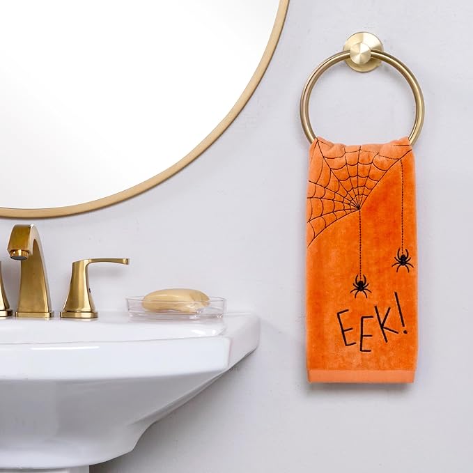SKL Home Halloween Eek 100% Cotton Embroidered 2pc Hand Towel Set, Decorative for Bath/Kitchen/Bar & Gift, Orange