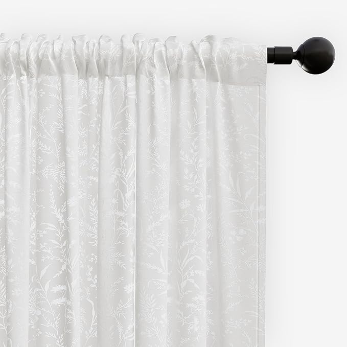 Anmao White Semi Sheer Light Filtering Extra Long Curtains 2 Panels, Leaf Pattern Drapes for Living Room Bedroom, Rod Pocket Privacy Window Treatments with Floral Design, 52x108 Inch